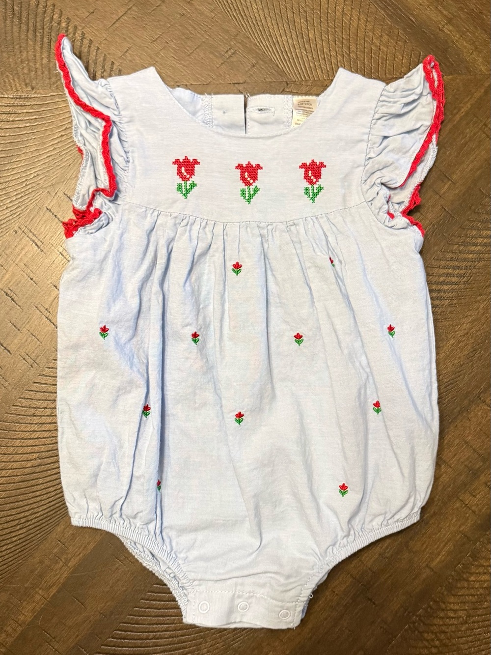 Light Blue Baby Floral Embroidered Romper - Red Accent